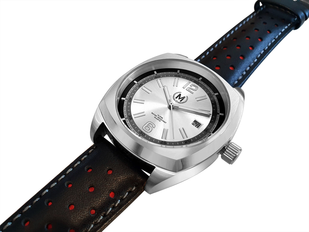 Silver Dial Driver Watch with Black and Red Leather Strap