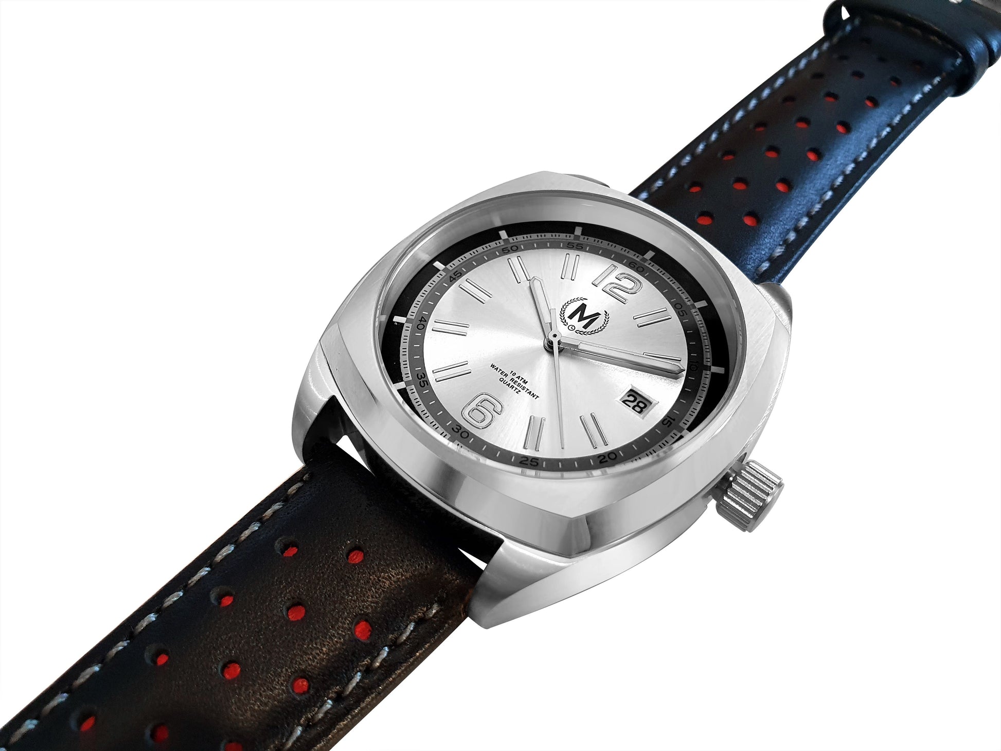 Silver Dial Driver Watch with Black and Red Leather Strap