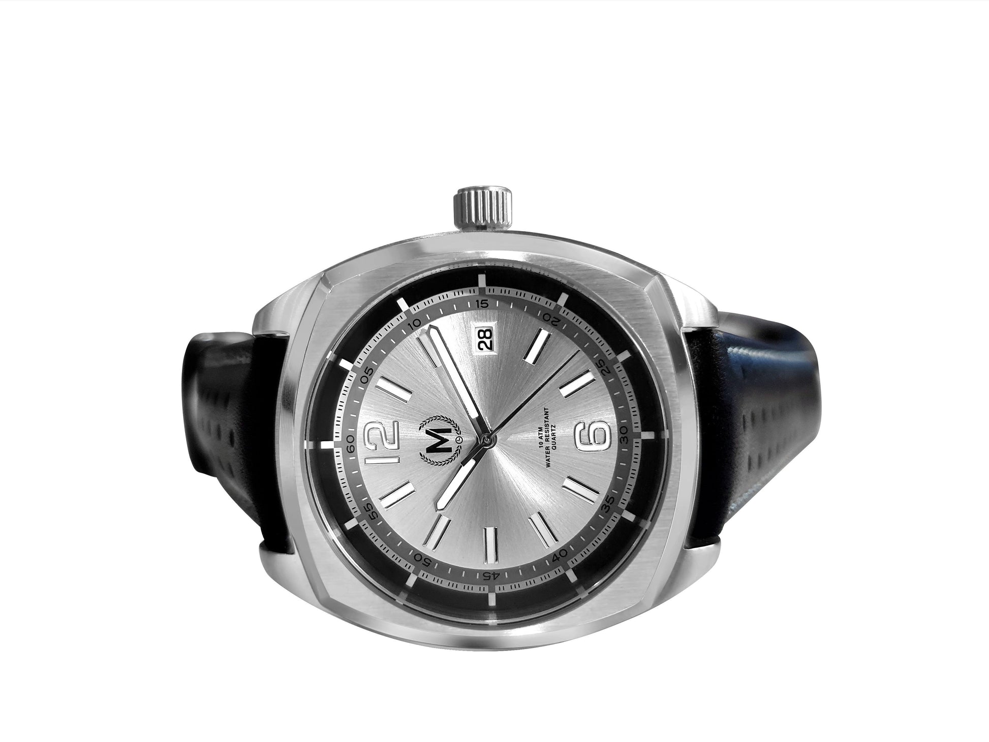 Silver Dial Driver Watch with Black and Red Leather Strap