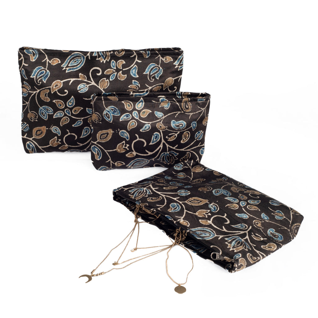 Hand Block Print Silk Travel Case Set of 3 Black Gold Blue Floral