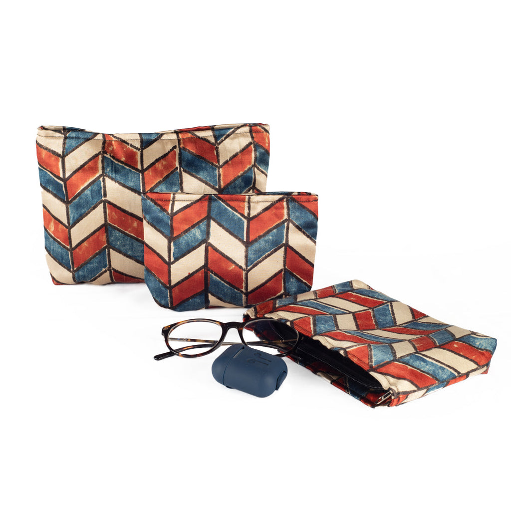 Hand Block Print Silk Travel Case Set of 3 Off White Red Blue Chevron