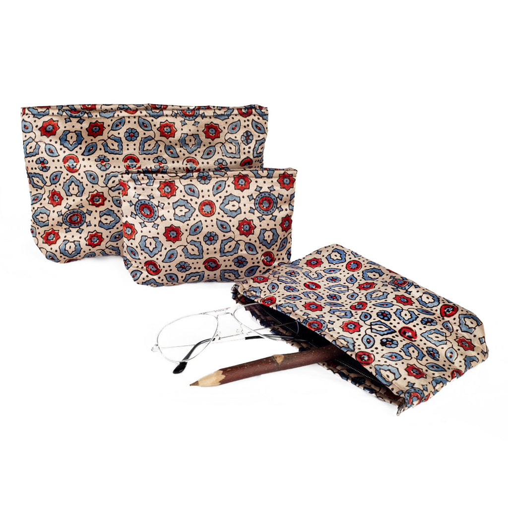 Hand Block Print Silk Travel Case Set of 3 Off White Red Blue Floral