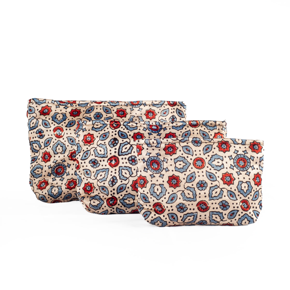 Hand Block Print Silk Travel Case Set of 3 Off White Red Blue Floral