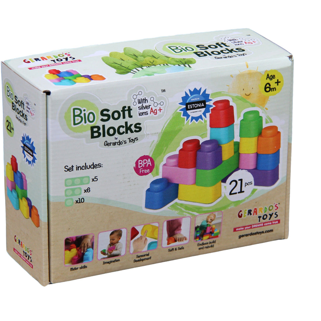 a soft and comforting arrangement of pastel bio-based building blocks for babies