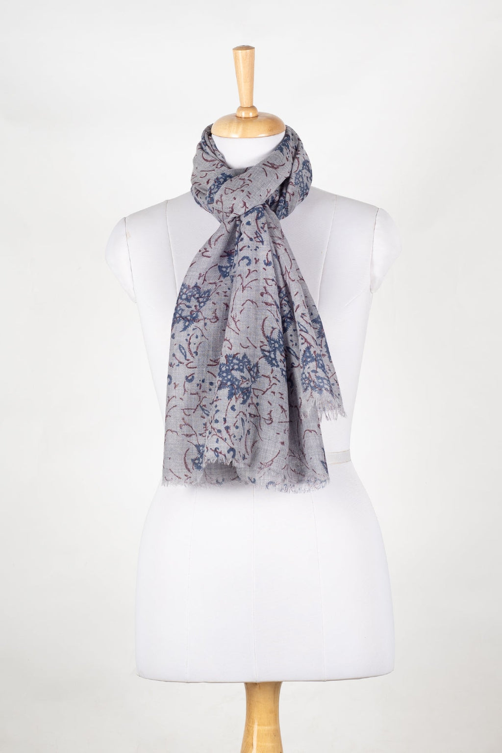 Merino Wool Scarf in Grey with Leaf and Twig Print