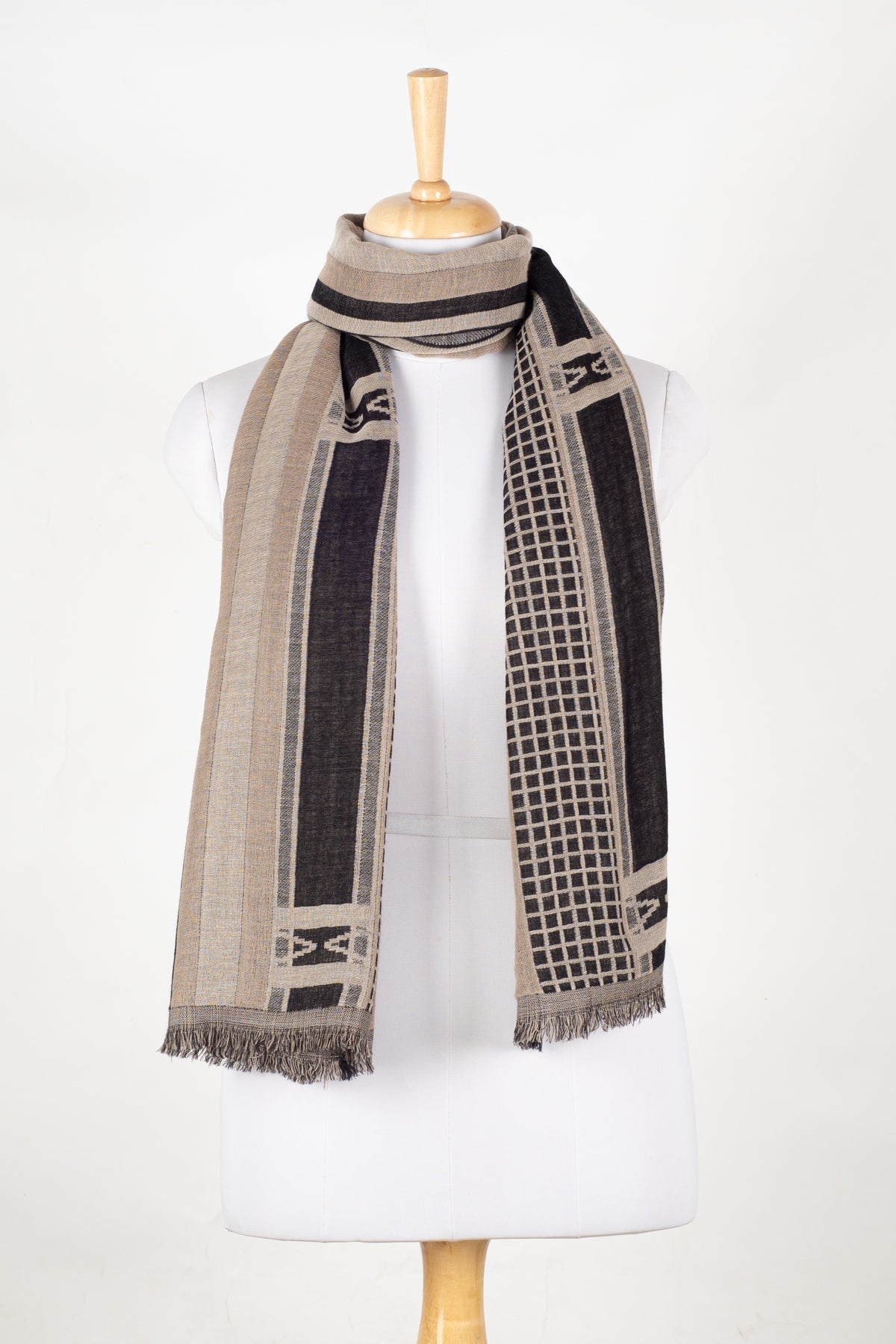 Checks and Stripes Abstract Fine Wool Jacquard Scarf in Black