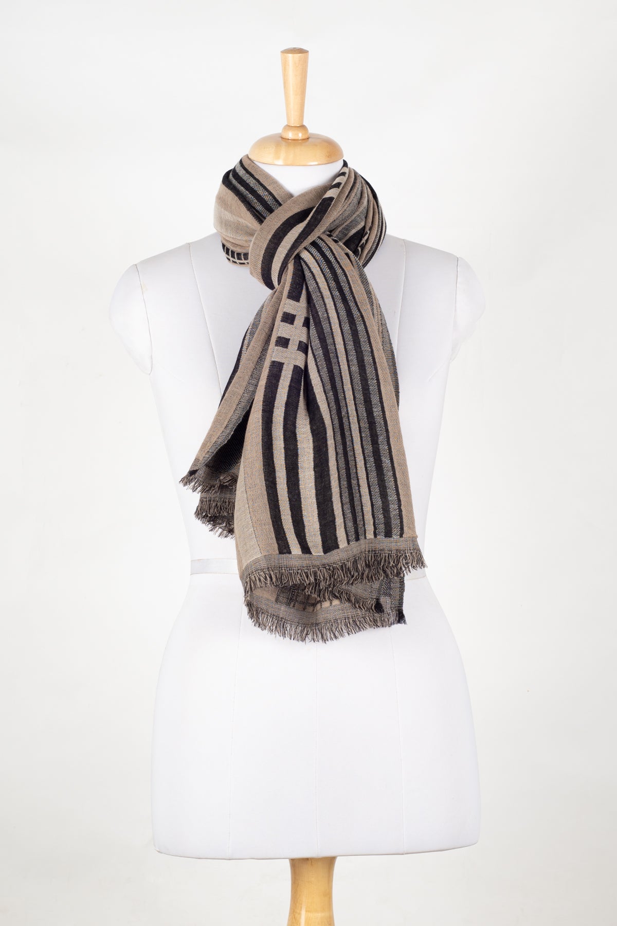 Checks and Stripes Abstract Fine Wool Jacquard Scarf in Black