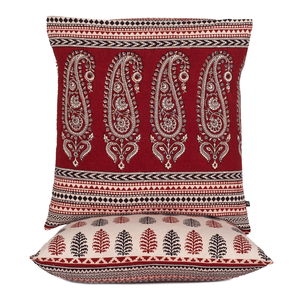 Hand Block Print Cotton Cushion Cover Red Black Paisley Pine