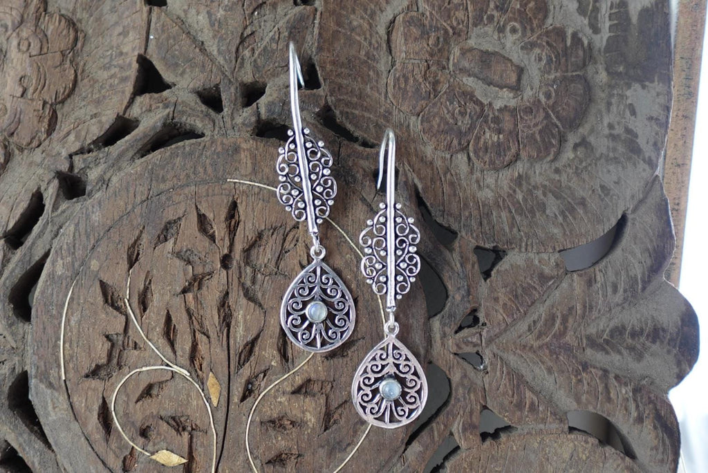 Mandala Filigree Drop Earrings in Brass with Spiral and Gem Detail