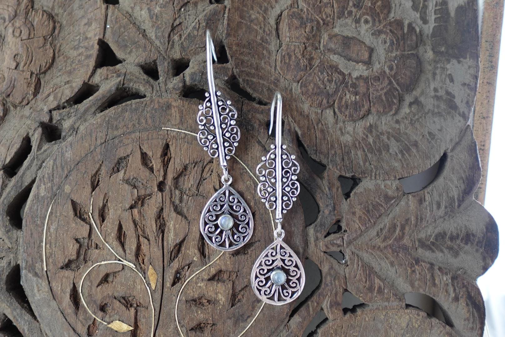 Mandala Filigree Drop Earrings in Brass with Spiral and Gem Detail
