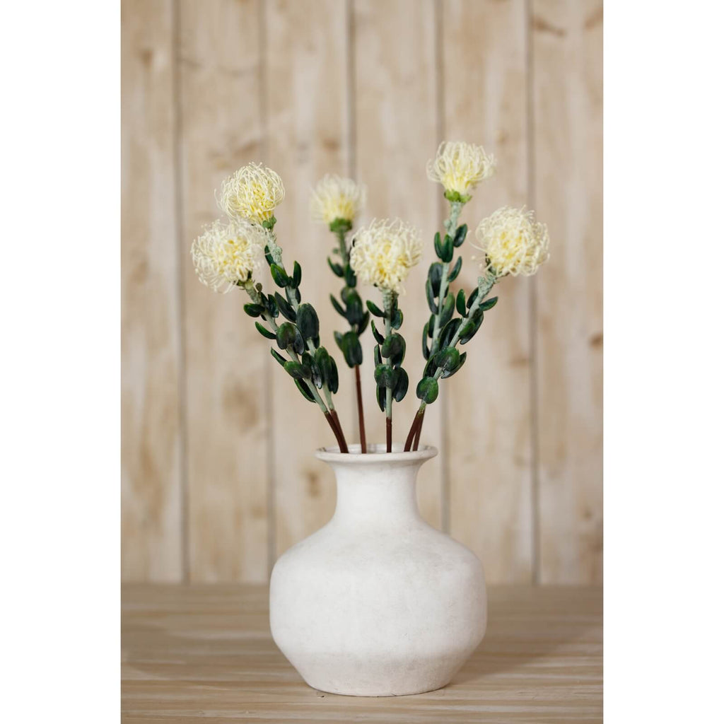 Cream pincushion protea spray artificial flower, soft cream plastic petals with foliage, 61cm tall home decor accent by sostter at brixbailey.com