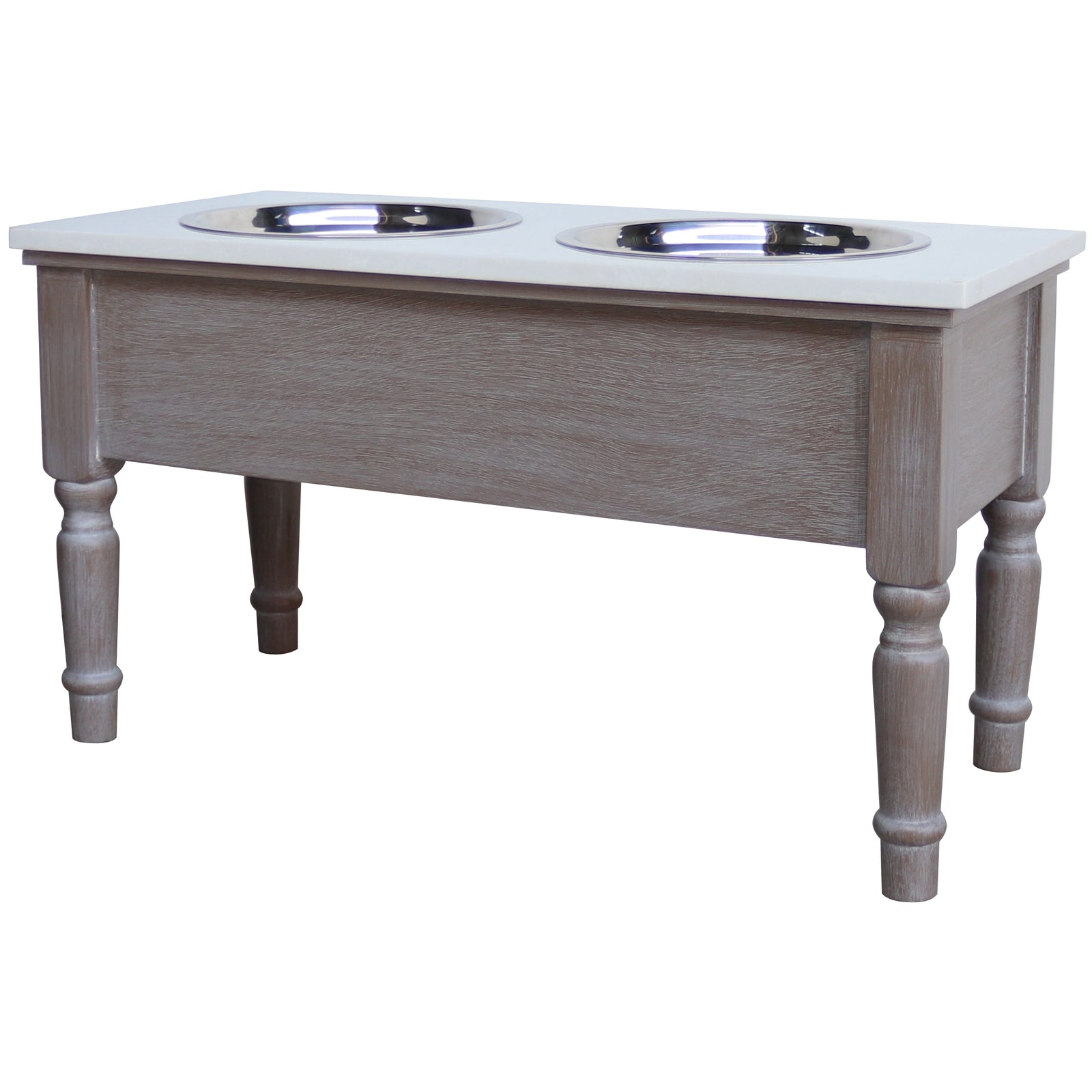 bold grey wood pet feeder table in dramatic low-angle studio lighting