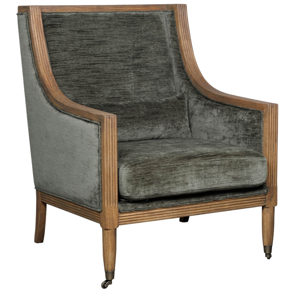 Olive velvet Albury armchair with wooden frame, ergonomic curved silhouette, and tailored stitching for elegant home decor. by Sostter at brixbailey.com