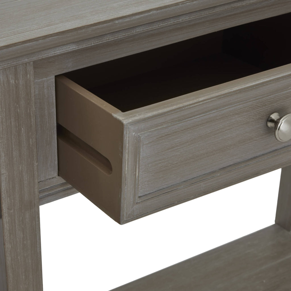 Distressed grey four-drawer console table with solid wood construction, transitional design for living room storage by Sostter at brixbailey.com