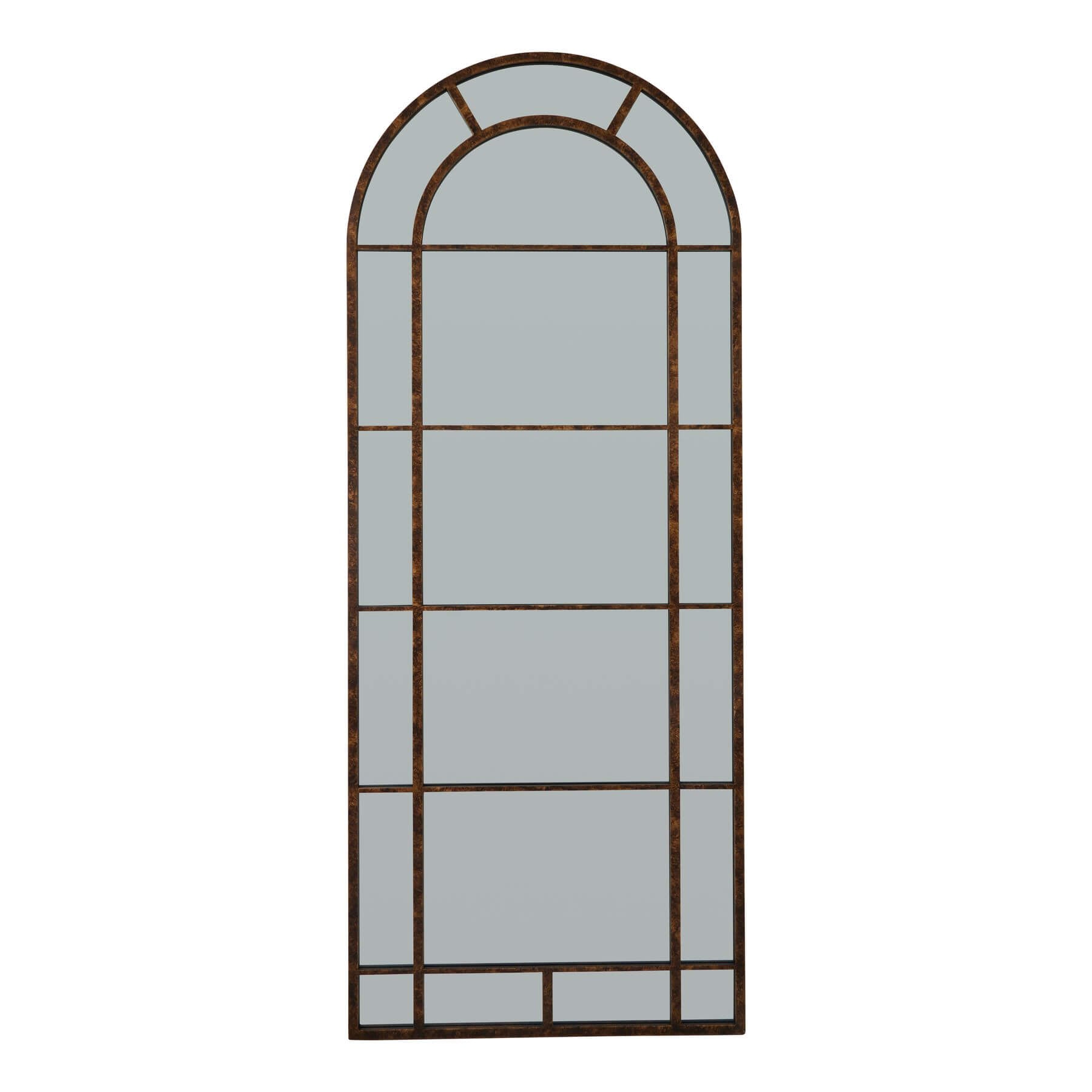 Large 200cm arched mirror with rustic brown rust-effect finish, solid wood frame, vintage home decor statement piece by RoomLondon at brixbailey.com