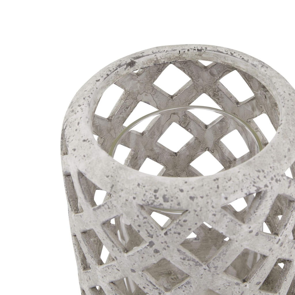 Matte grey ceramic hurricane lantern with stone-effect texture, rustic modern home decor by sostter at brixbailey.com
