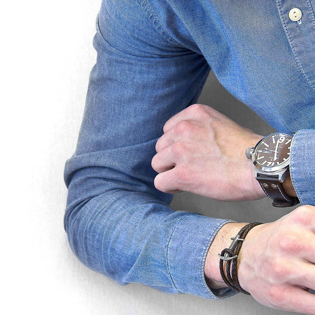 Admiral Anchor Silver and Braided Leather Bracelet - Timeless Elegance & British Craftsmanship by ANCHOR & CREW at www.brixbailey.com