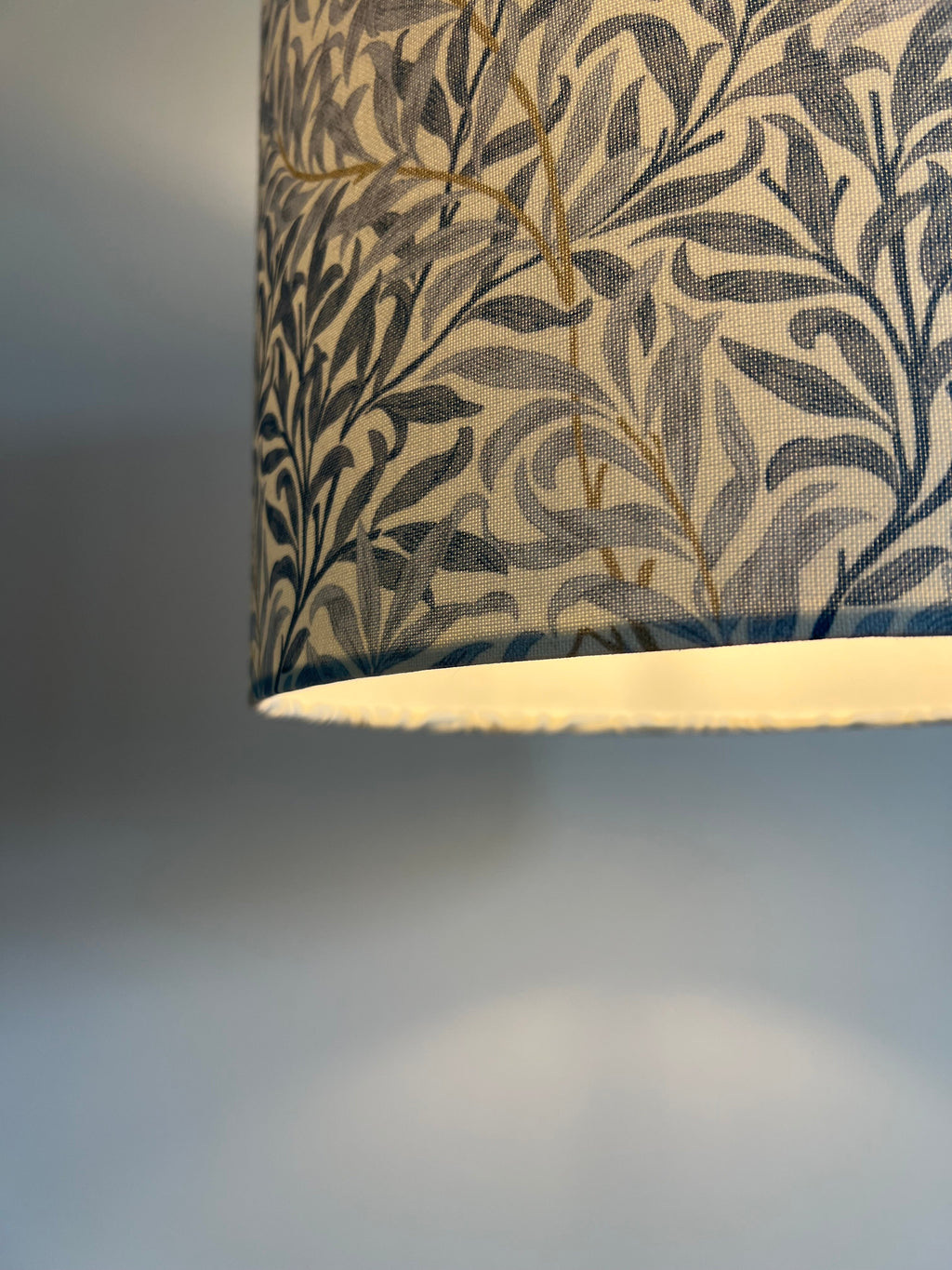William Morris blue willow cotton drum lampshade/ ceiling shade with a white lining