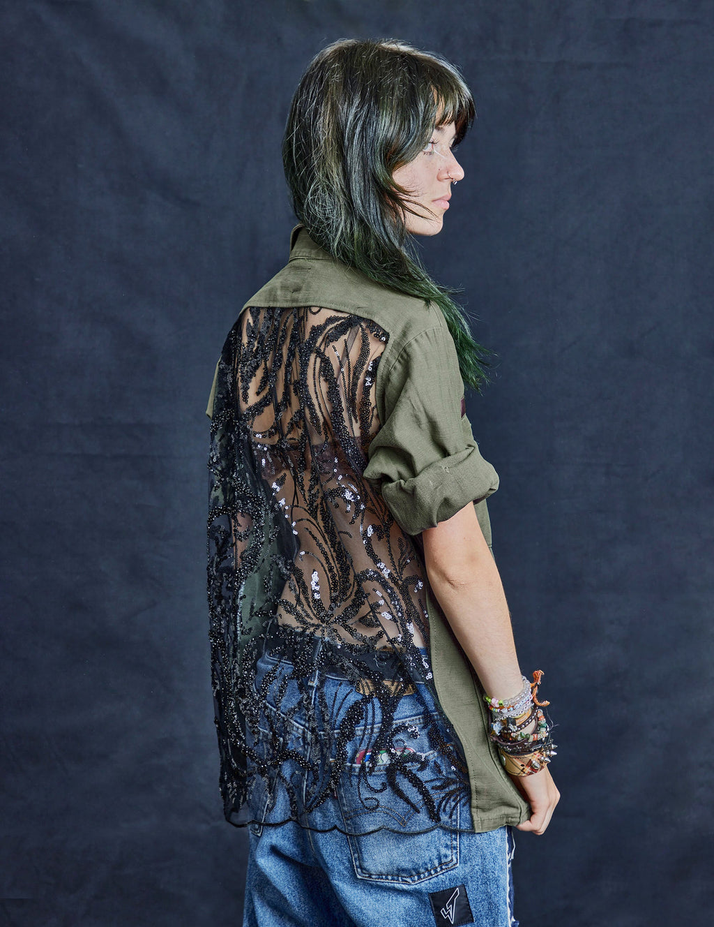Party Back Shirt Black Sequin Khaki