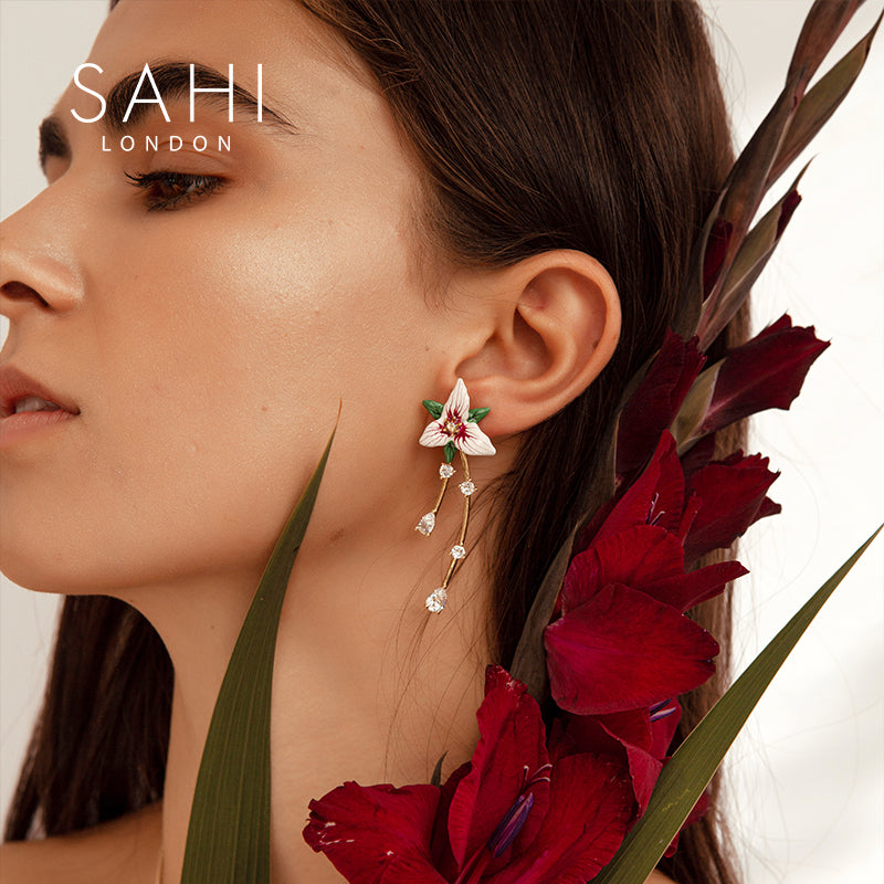 Enchanting Garden Dangling Earrings with Hand Enameled Flowers