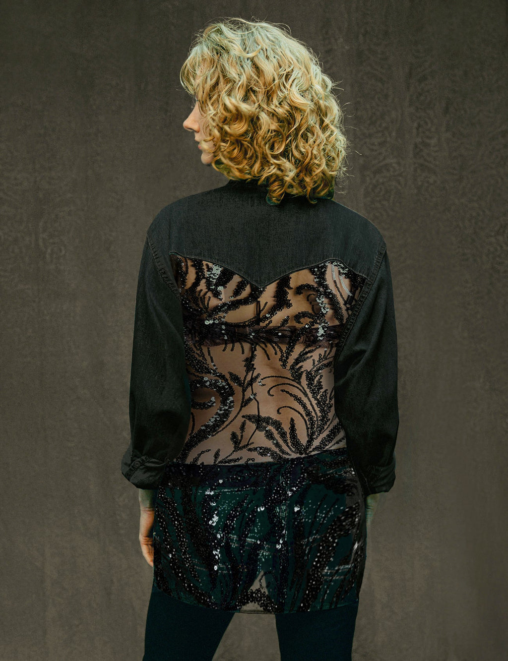Black Sequin Party Back Denim Shirt