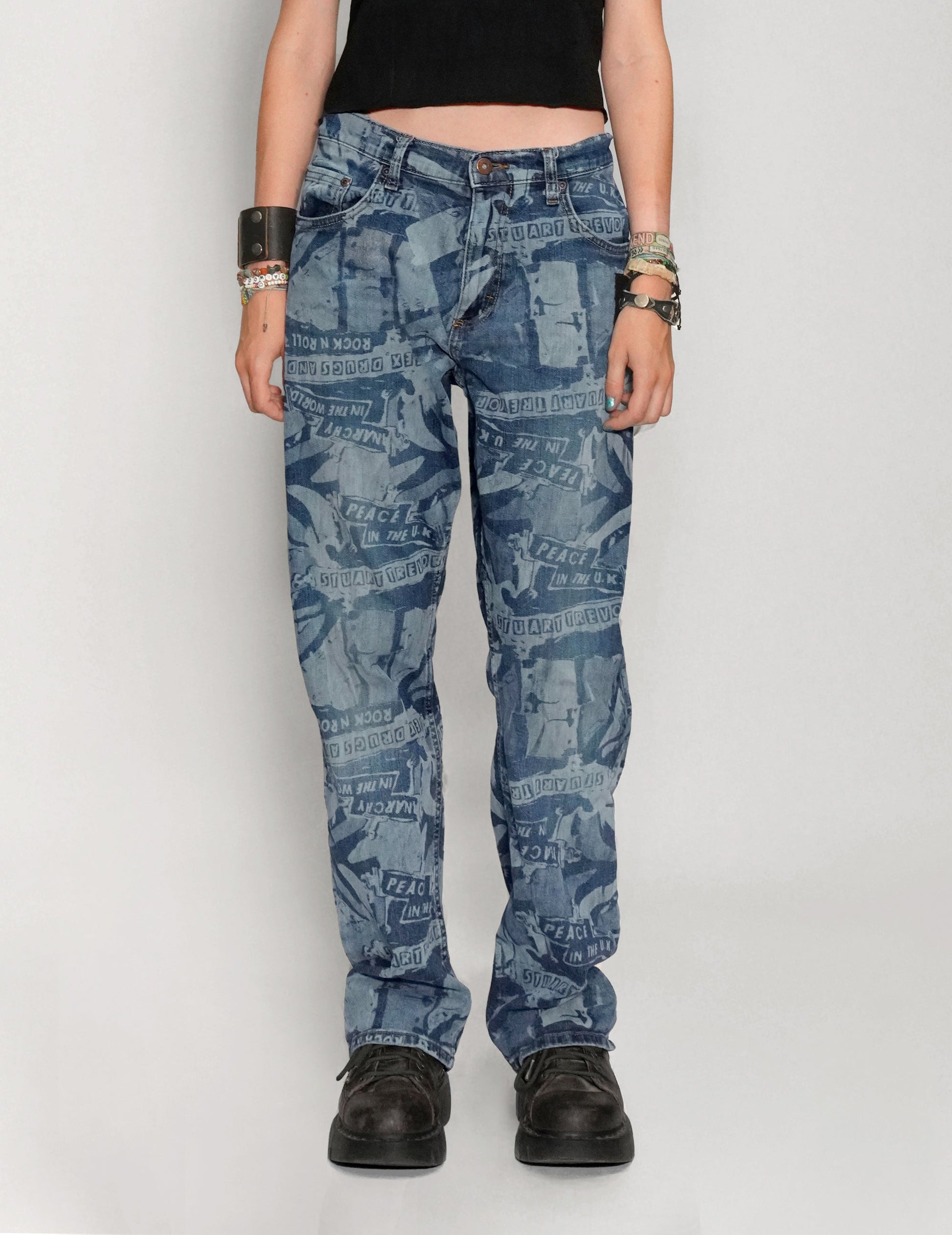 Peace Laser Print Jeans in Blue