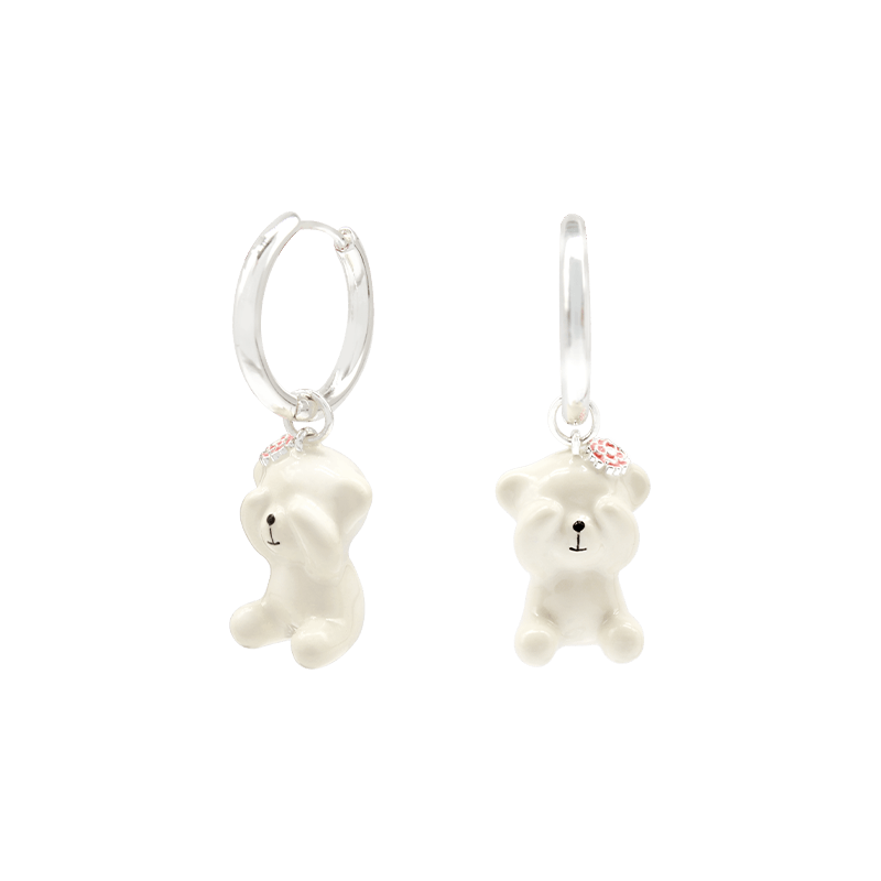 Gold Enameled Camellia Bear Drop Earrings