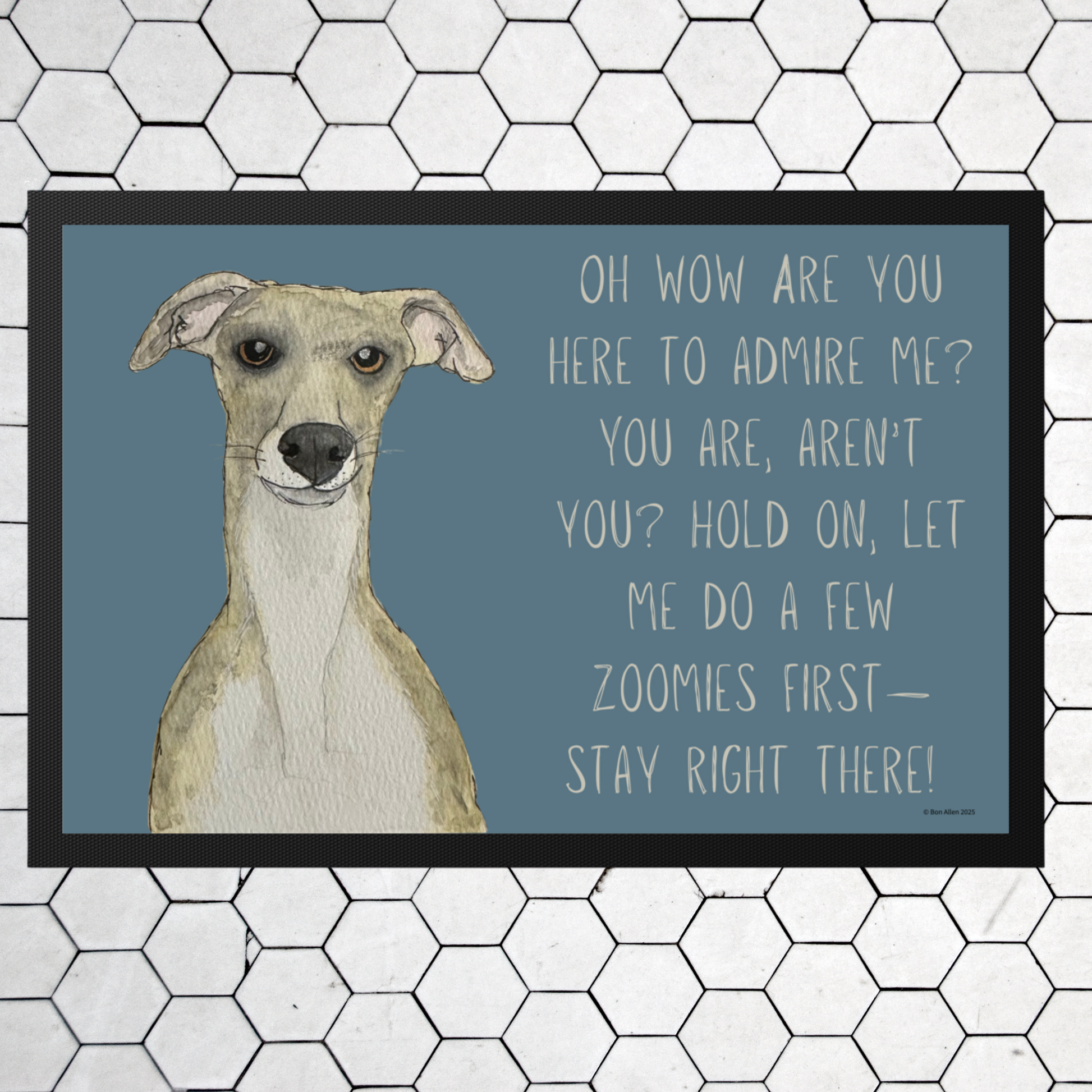 Whippet Door Mat with Amusing Greeting