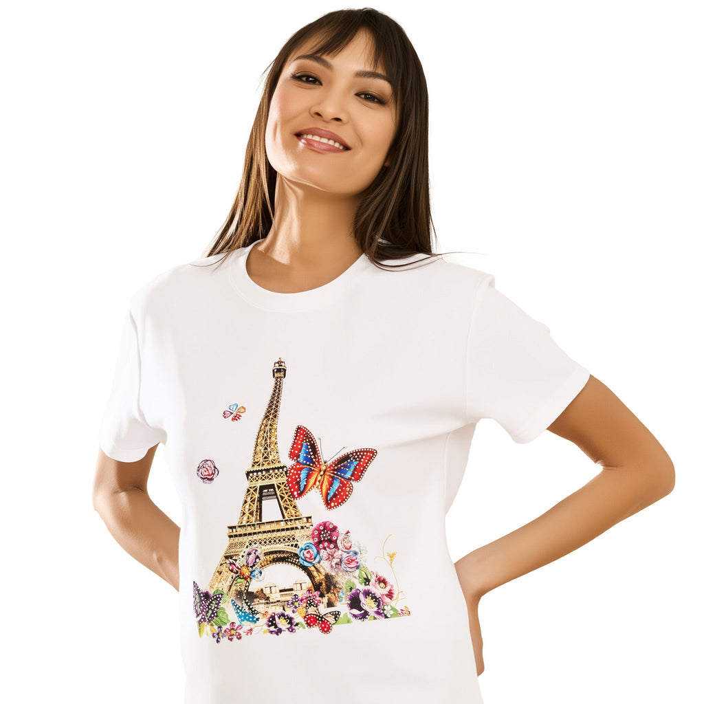 Cotton Eiffel Tower Printed and Embroidered T-Shirt