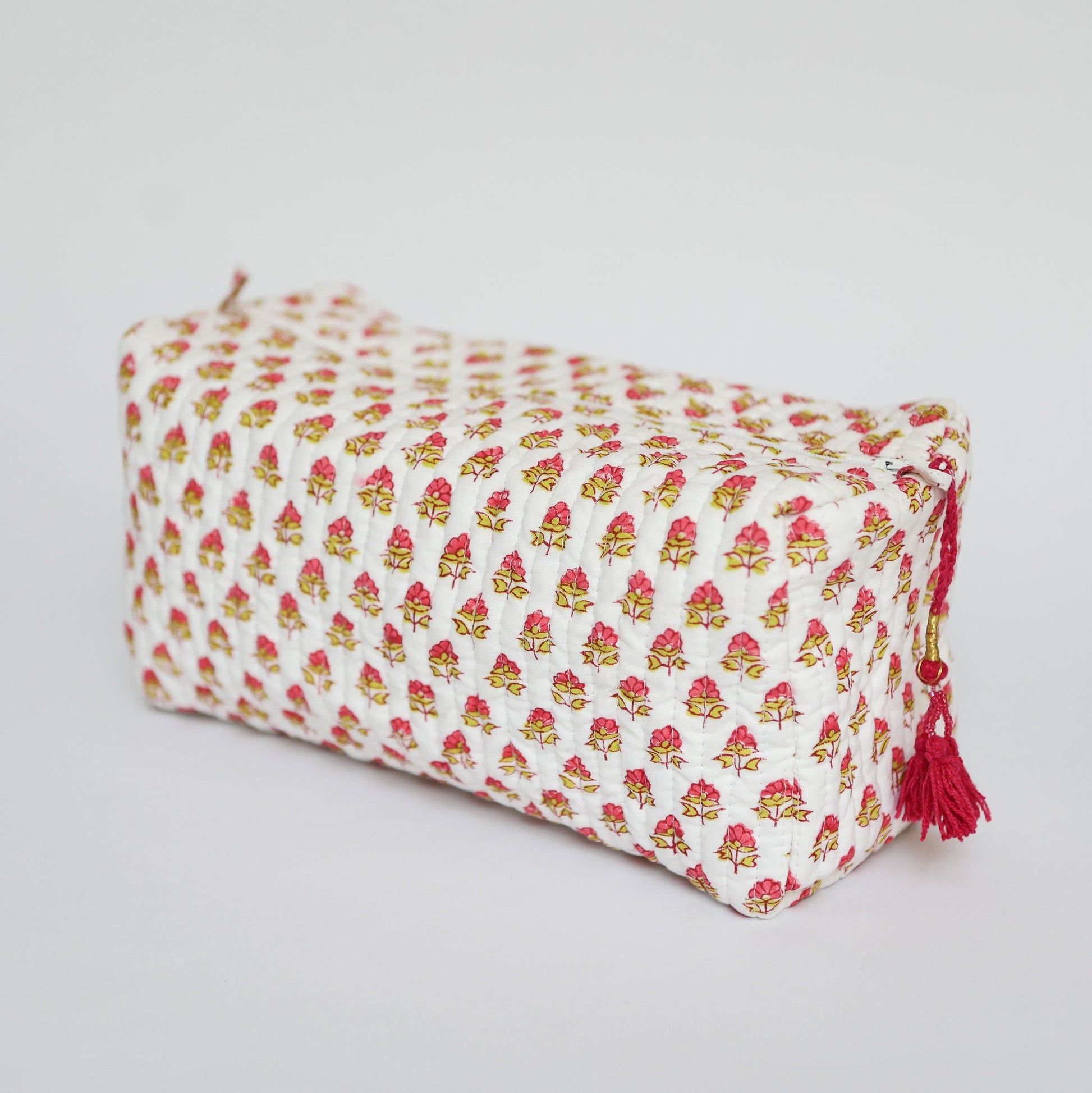 Pink Flower Wash Bag in Block Print Cotton with Waterproof Lining