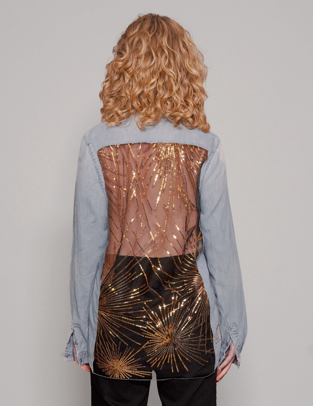 Light Blue Denim Party Back Shirt with Gold Star Sequins