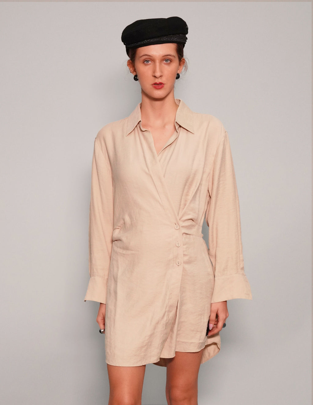 Draped Beige Modal Dress with Adjustable Waist