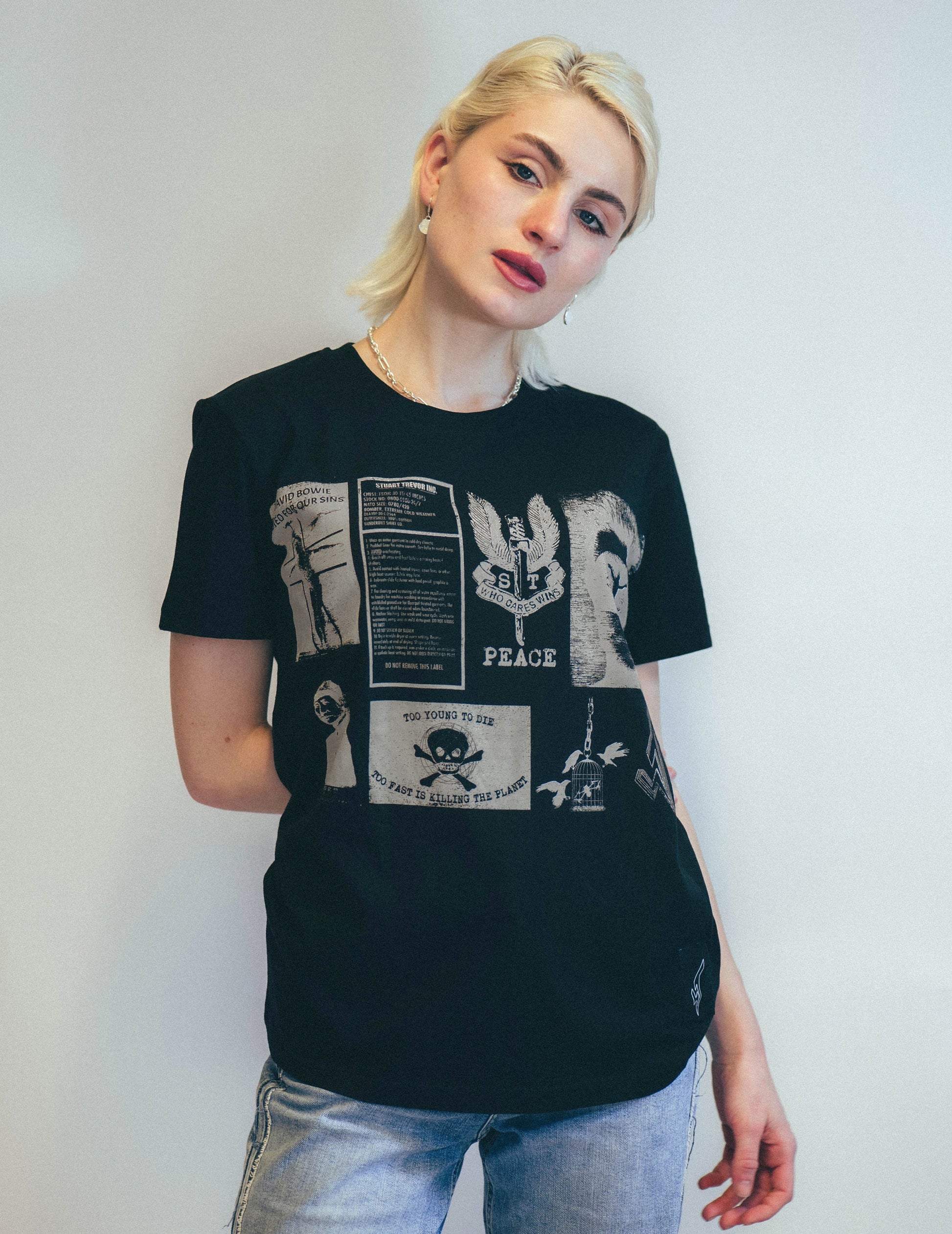 Black T-Shirt with Rock and Roll Printed Patches