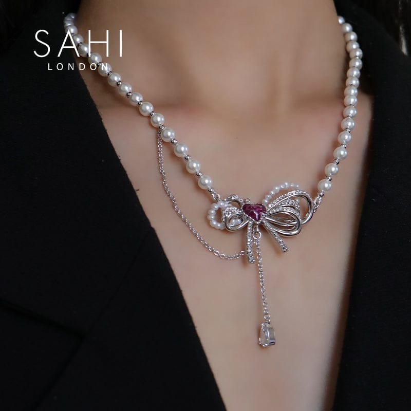 Love Heart Enamel Pearl Charm Necklace in Silver and Violet