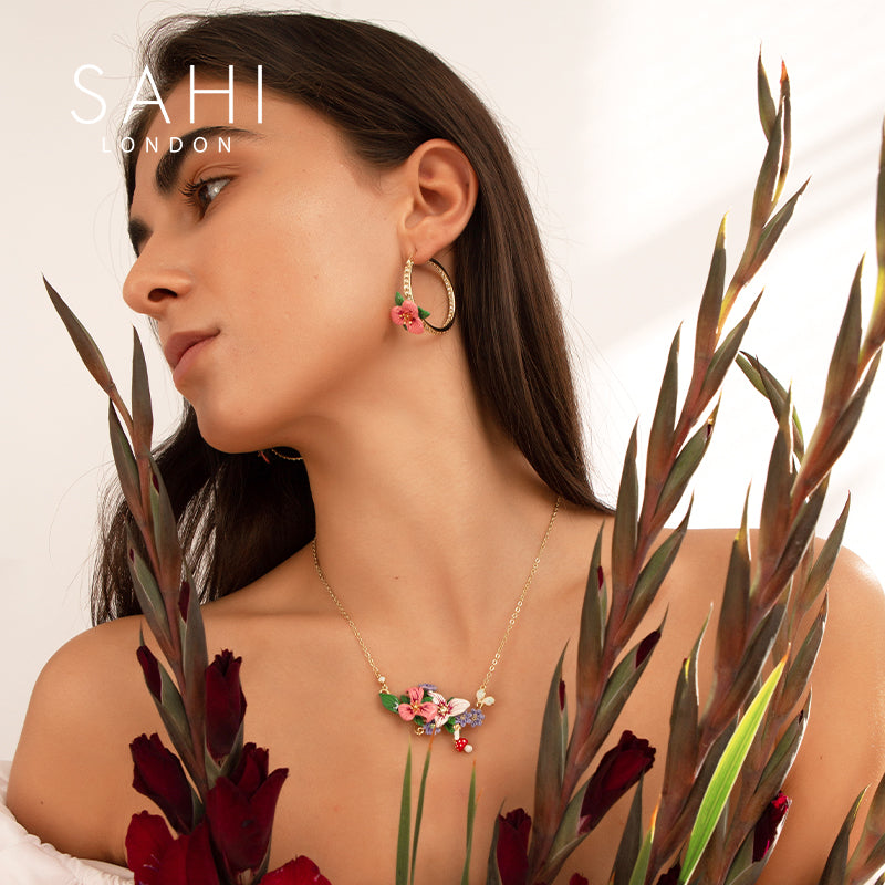 Enchanting Garden Pendant Necklace Hand Enameled Gold Plated