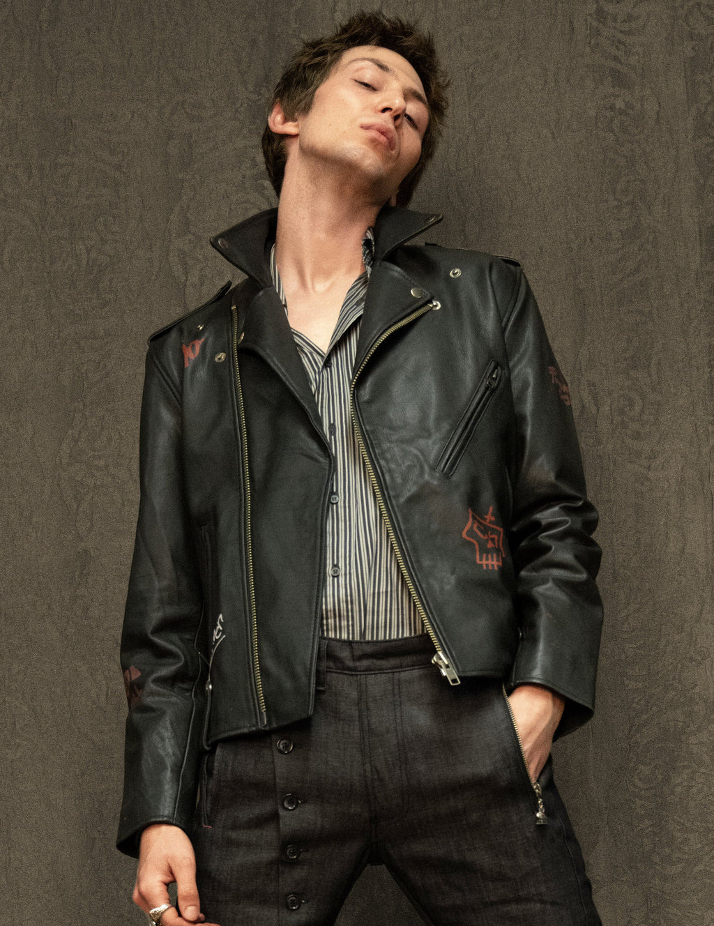 Black Leather Biker Jacket with Born Saint Graphic