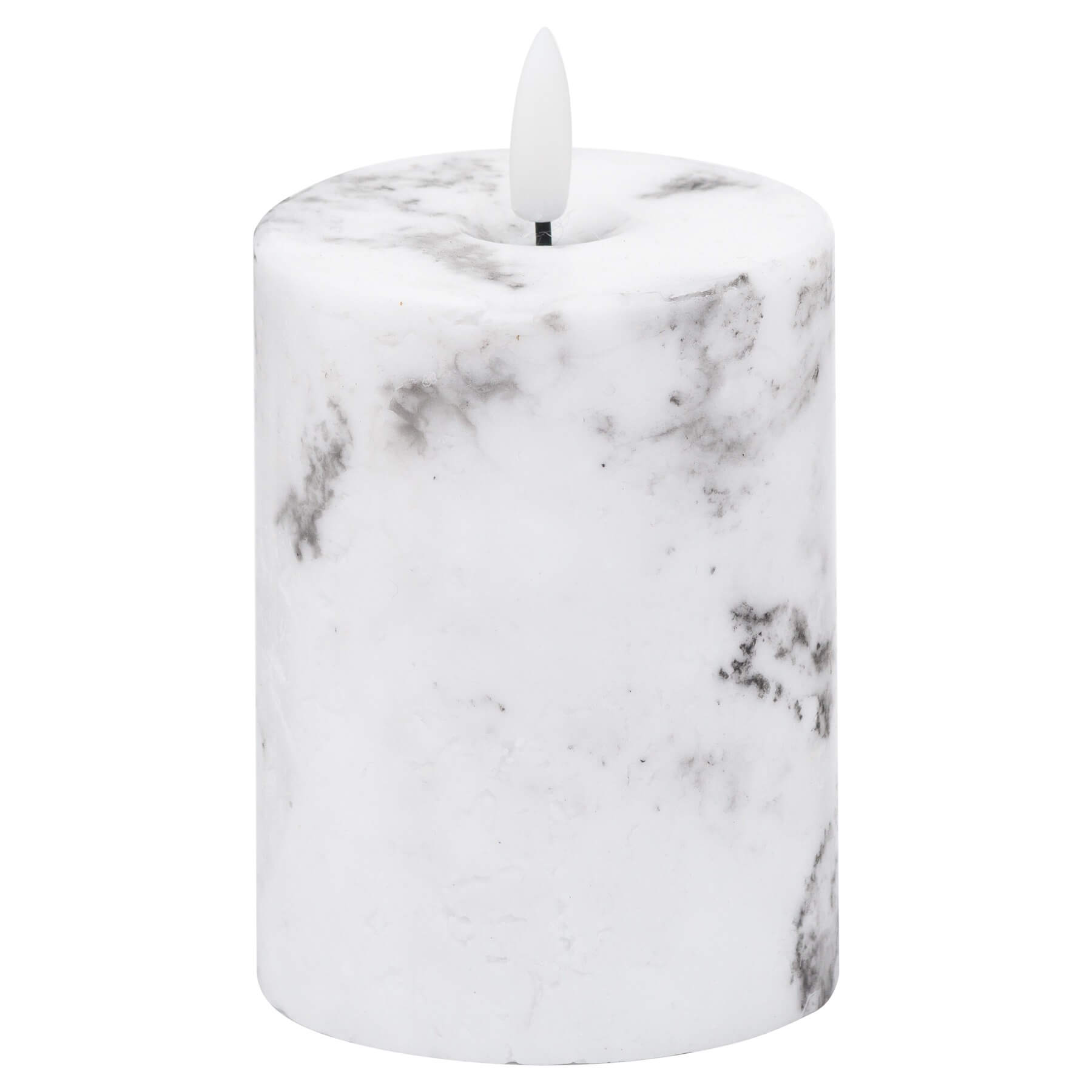White marble-effect LED pillar candle with realistic flickering amber glow and unique veining patterns. by RoomLondon at brixbailey.com