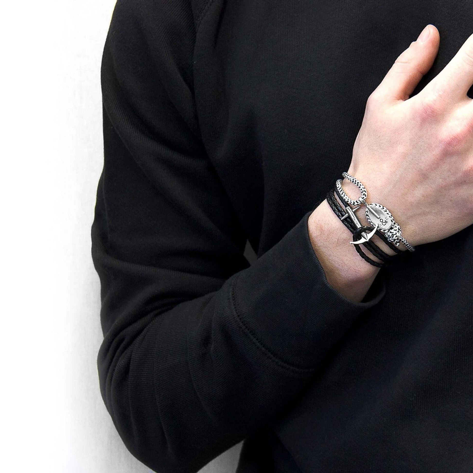 Coal Black Admiral Anchor Silver and Braided Leather Bracelet - Elegance & Durability by ANCHOR & CREW at www.brixbailey.com