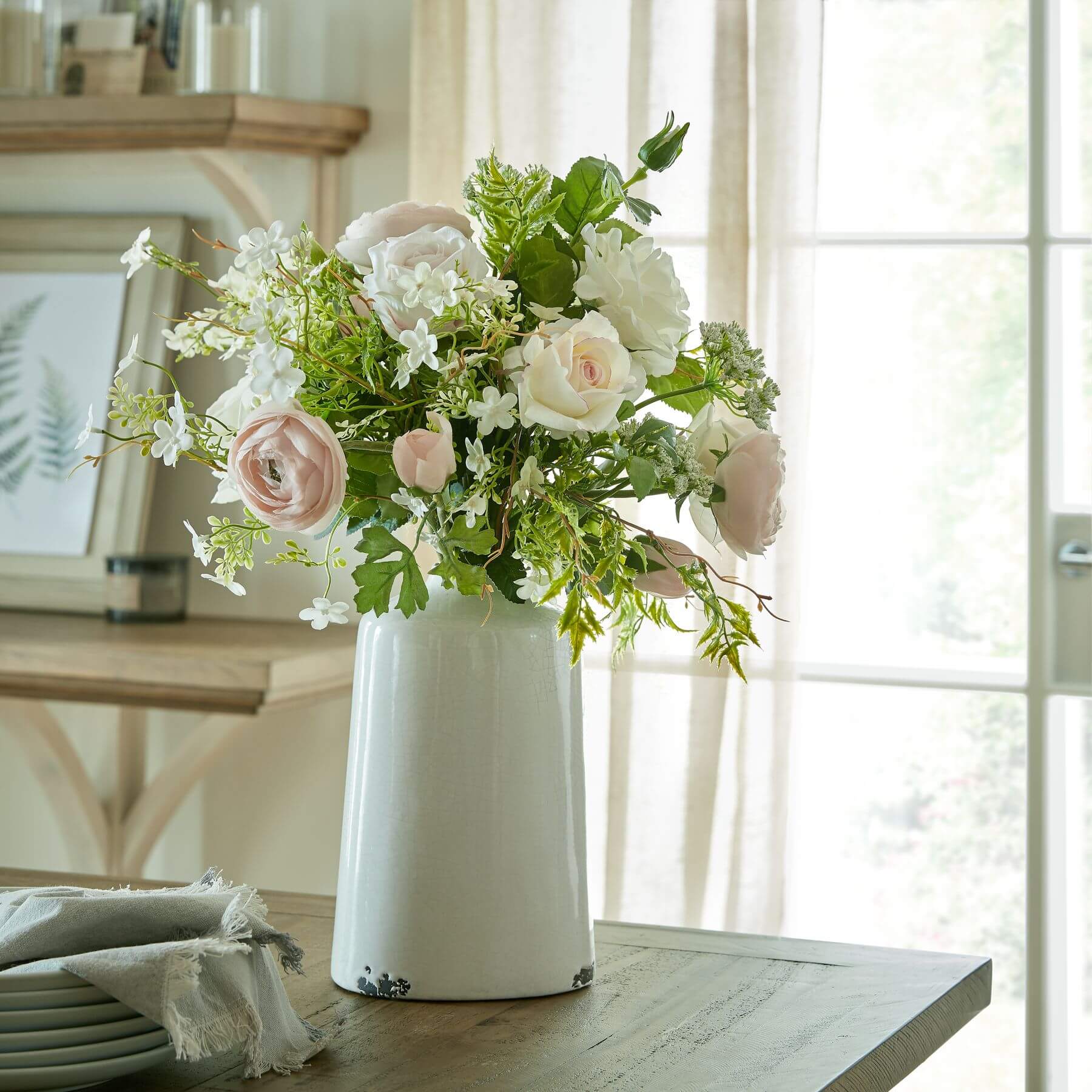 Palest pink artificial tea rose with green foliage, lifelike silk bloom for home decor by sostter at brixbailey.com