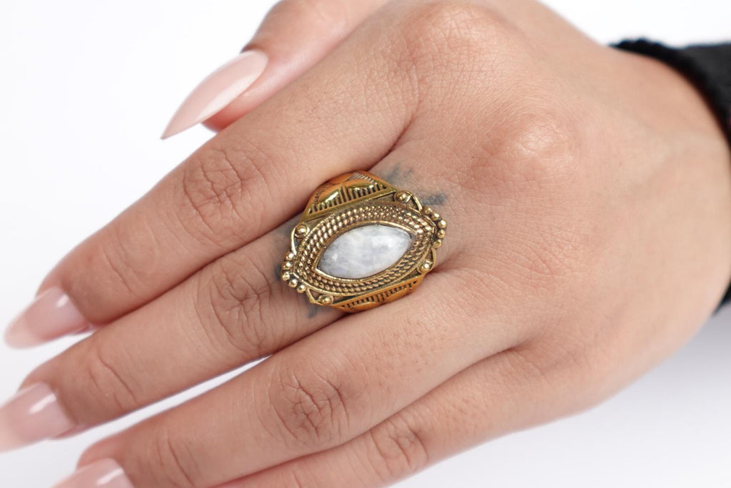 Large Moonstone Ring in Antique Brass