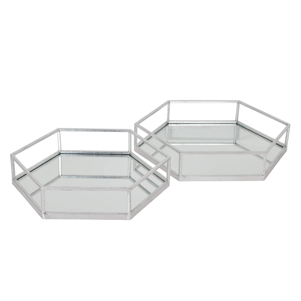 Silver hexagon glass trays with mesh detailing, modern home decor set of 2  

**  
- **Keywords:** silver, hexagon, glass trays, mesh detailing, modern home decor  
- **Clear description:** Visually describes the product's shape, material, and design  
- **SEO & accessibility optimized:** Concise yet informative for both search engines and screen readers by sostter at brixbailey.com