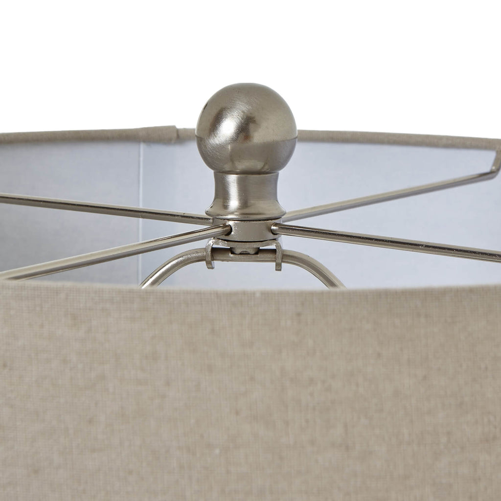White beaded ceramic lamp with linen shade, handcrafted coastal boho decor for living room or bedroom by Sostter at brixbailey.com