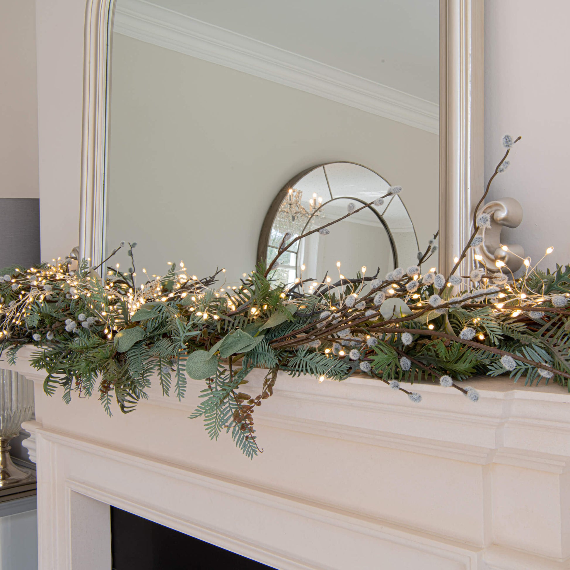 Warm white LED cluster string lights with 432 miniature bulbs, silver wiring, and 8 lighting sequences for enchanting decor.by Sostter at brixbailey.com
