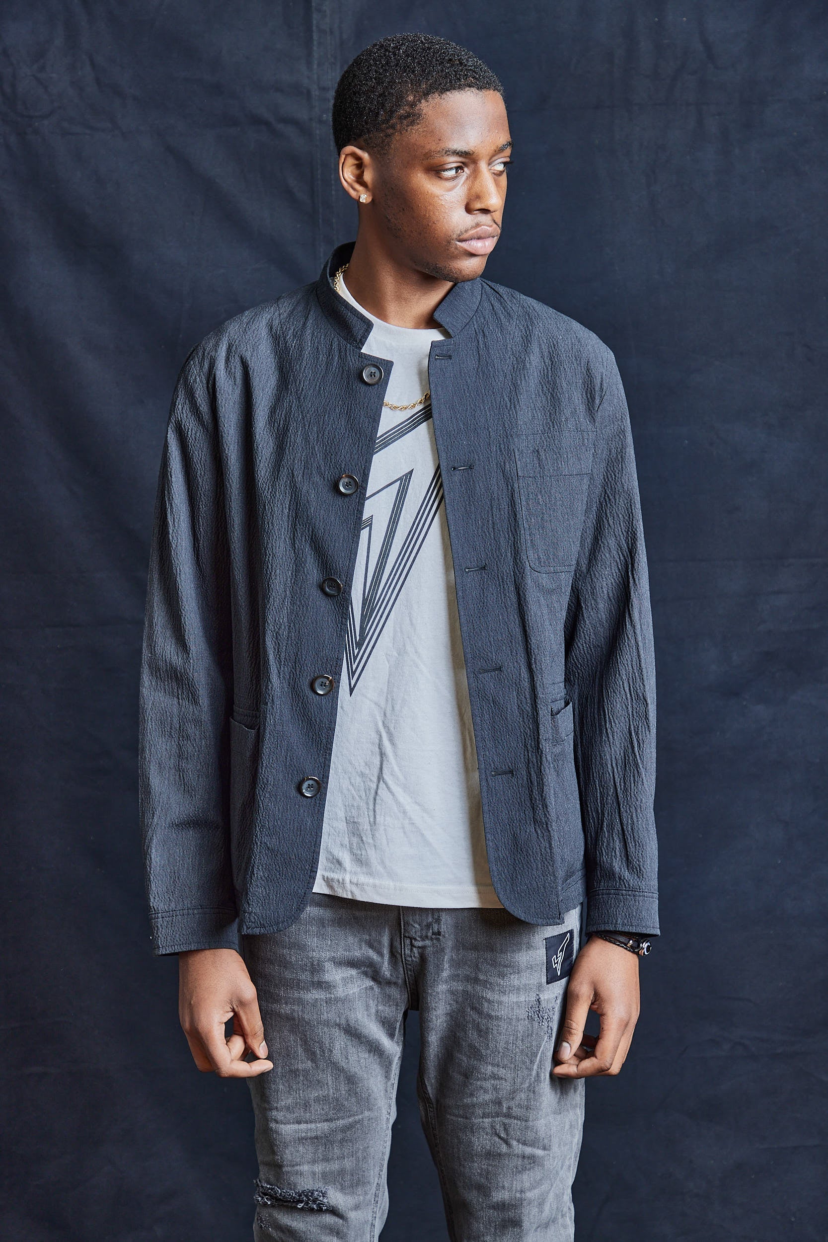 Seersucker Jacket with Mao Collar