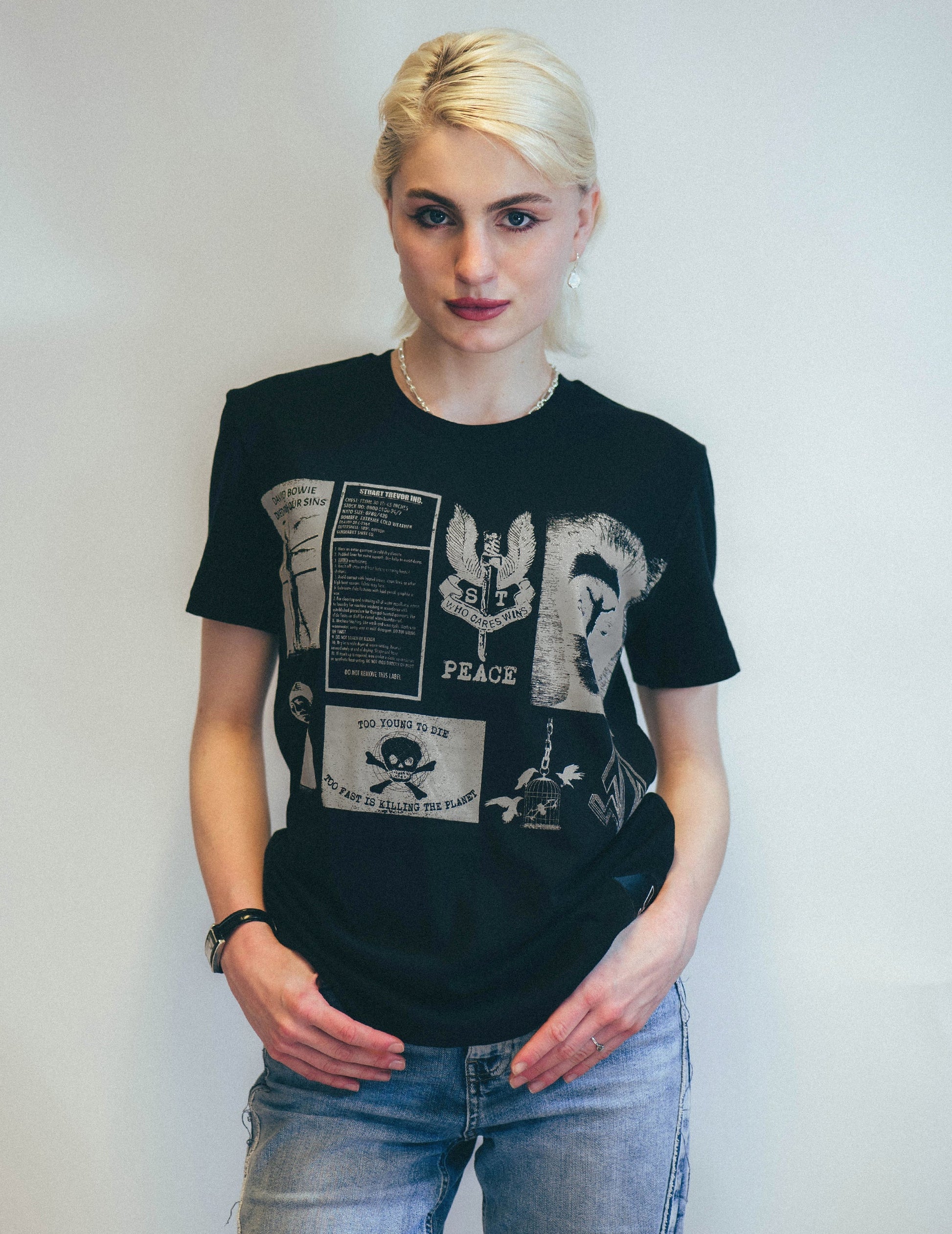 Black T-Shirt with Rock and Roll Printed Patches