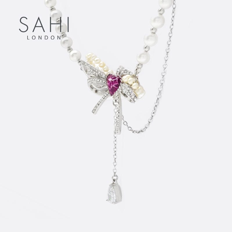 Love Heart Enamel Pearl Charm Necklace in Silver and Violet