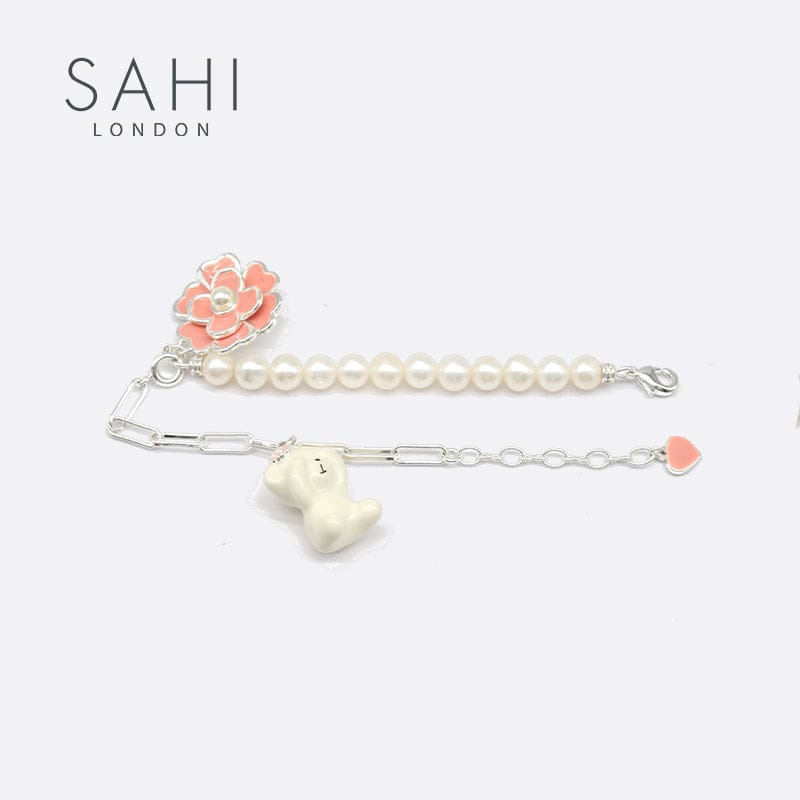 Gold Enameled Pearl Bear Chain Bracelet