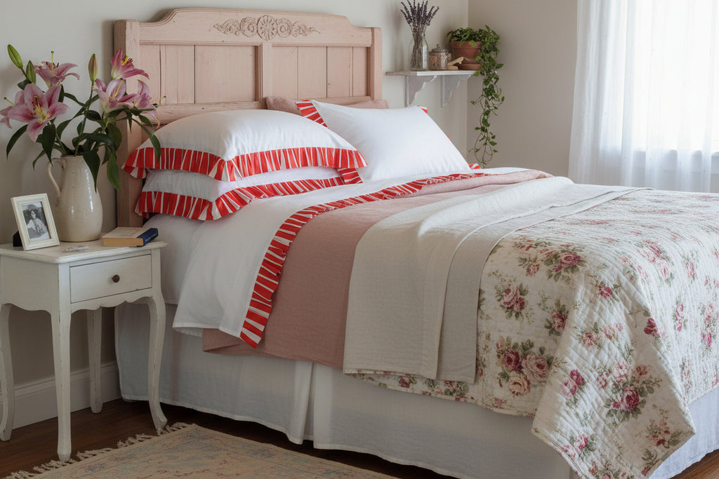 Red and white striped pillow on a bed next to a wooden nightstand with a book and plant at Sostter