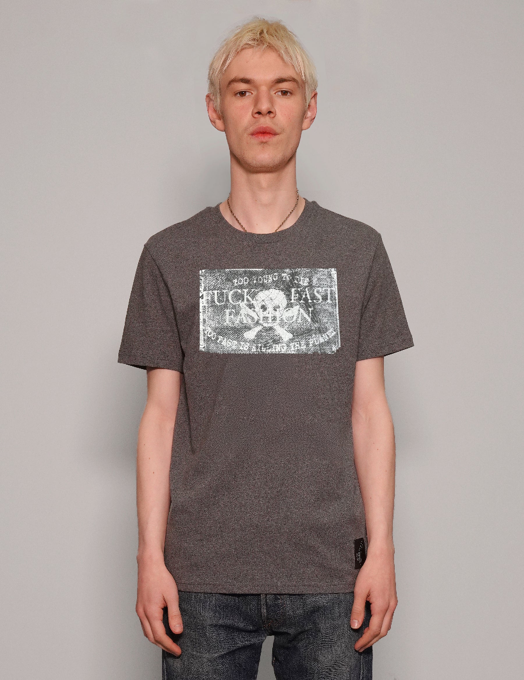 Grey Organic Cotton T-Shirt with Anti-Fast Fashion Print