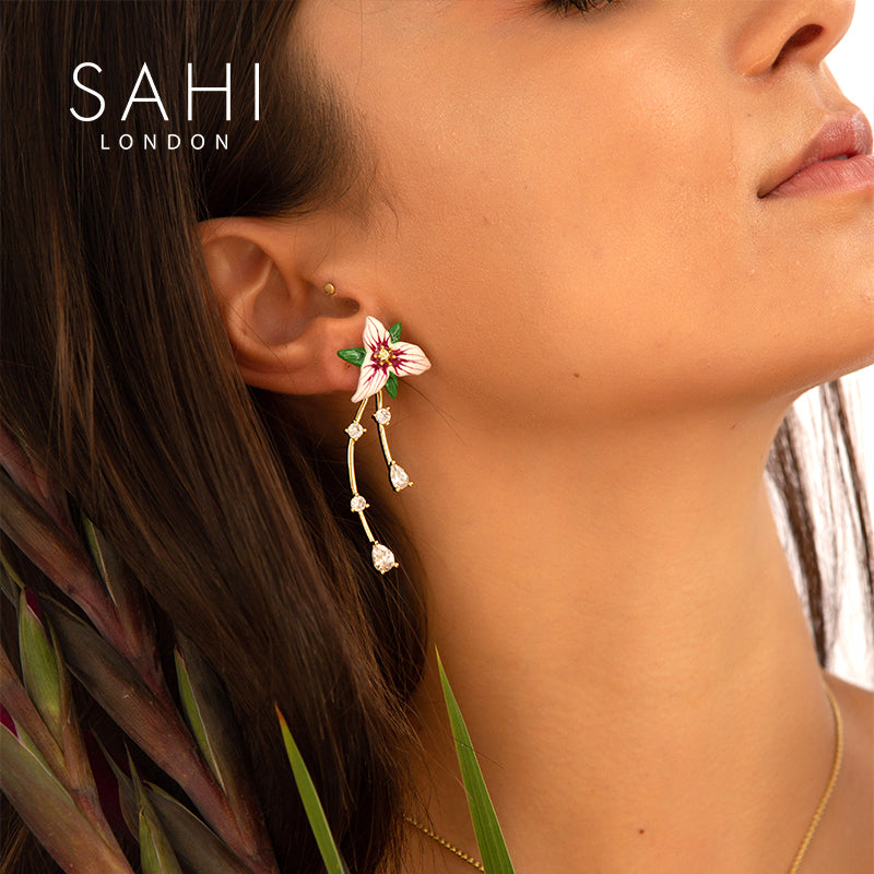 Enchanting Garden Dangling Earrings with Hand Enameled Flowers